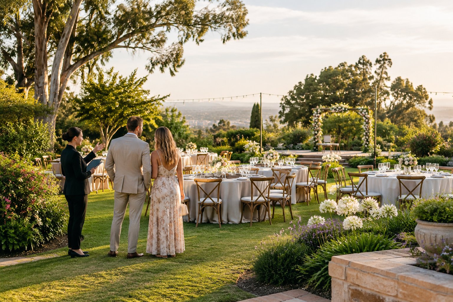 A couple and wedding coordinator view an elegant outdoor reception setup in a landscaped garden.