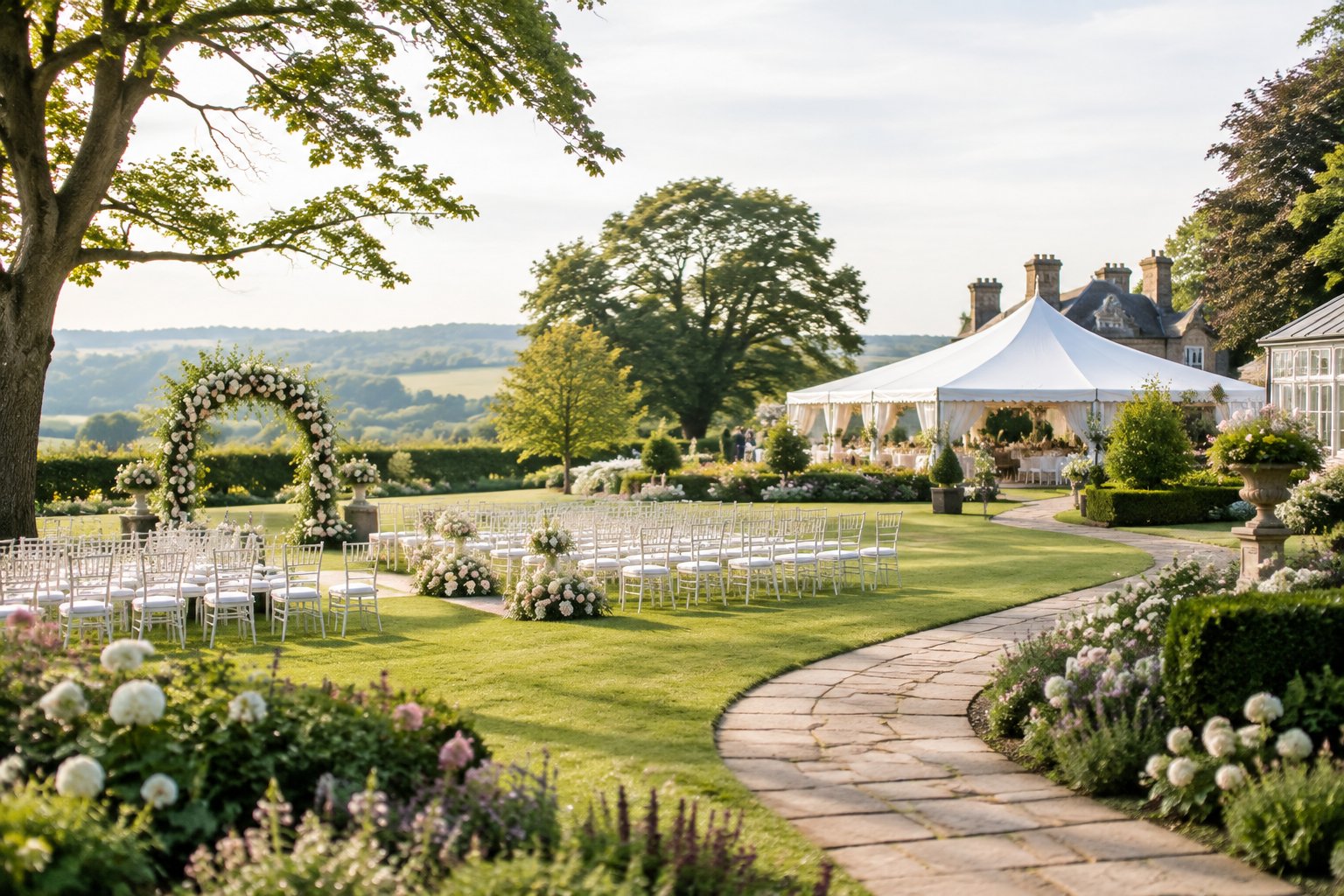 An elegant wedding ceremony setup in a landscaped garden with white chairs, flowers, trees, and a reception pavilion.