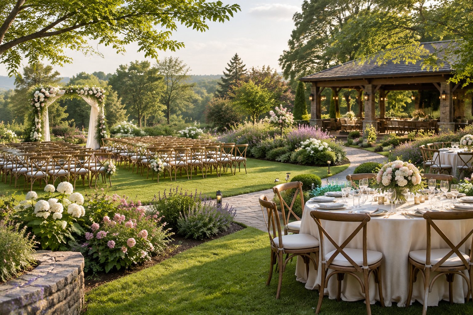 An elegant outdoor wedding ceremony and reception arranged in a lush landscaped garden.