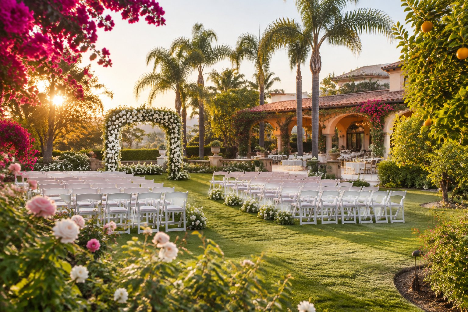 A landscaped garden wedding ceremony with white chairs, a floral arch, and a Mediterranean-style venue surrounded by flowers and greenery.