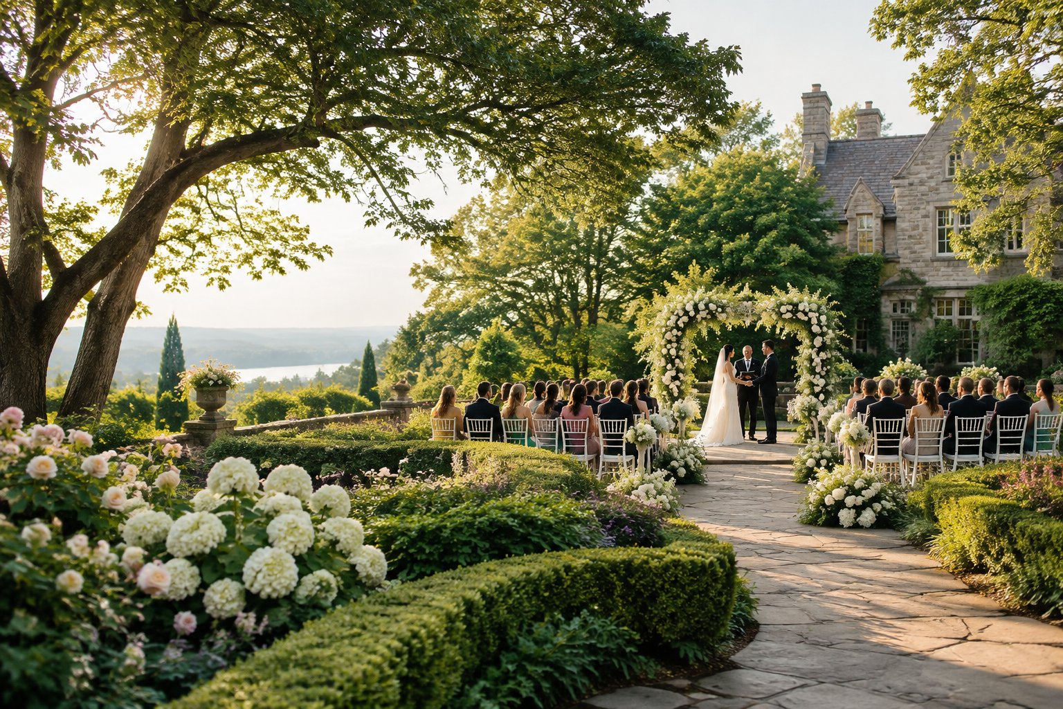 An elegant outdoor wedding ceremony in a lush garden beside a historic estate.