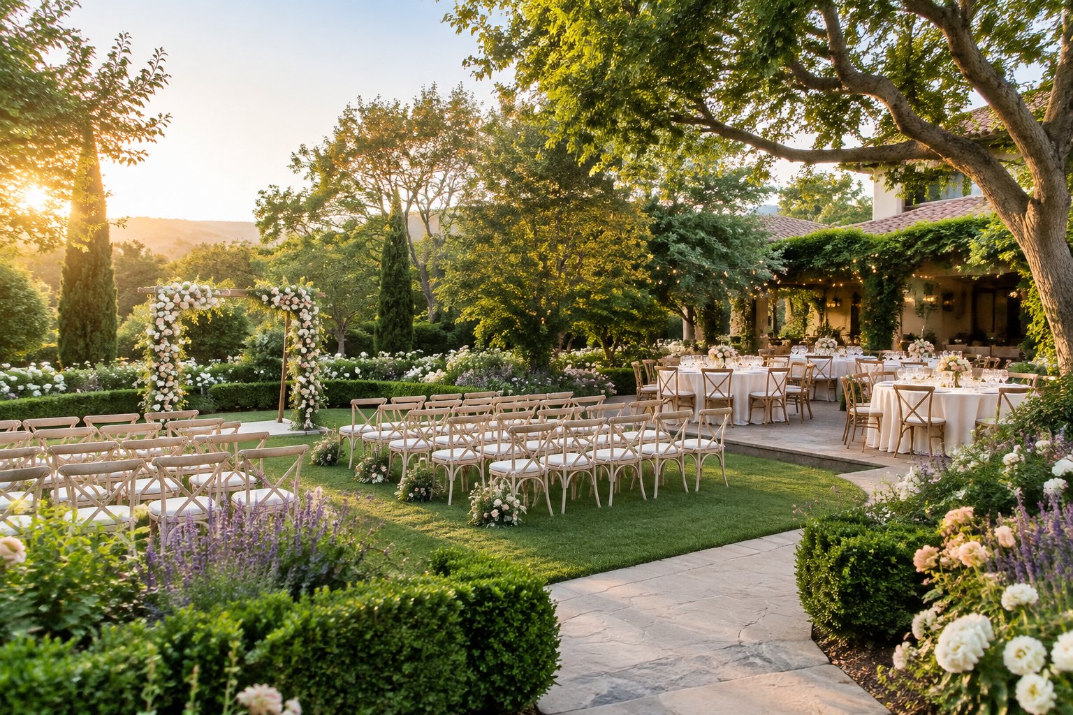 An elegant outdoor wedding ceremony and reception area surrounded by lush gardens, flowering plants, and mature trees.