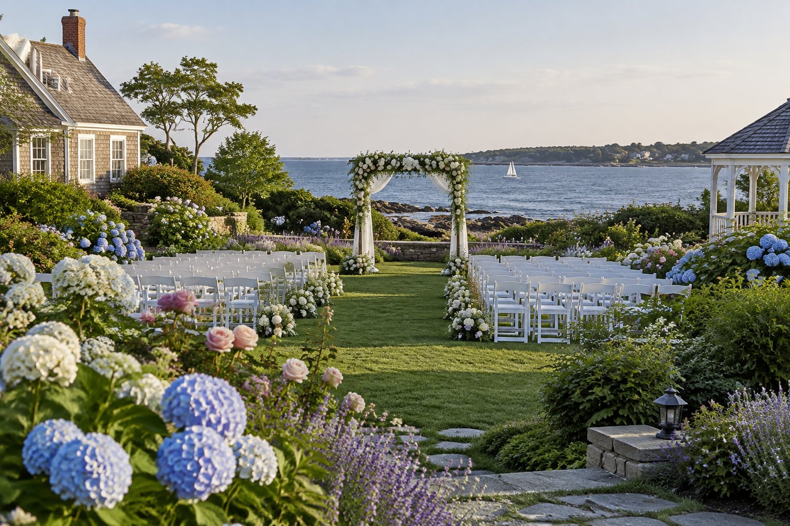 A landscaped New England garden wedding venue with flower beds, white ceremony chairs, and a decorated arbor overlooking the coast.