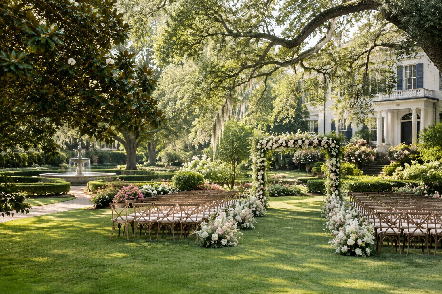 A formal garden wedding venue with a flower-lined aisle, manicured lawns, mature trees, and a stately manor in the background.