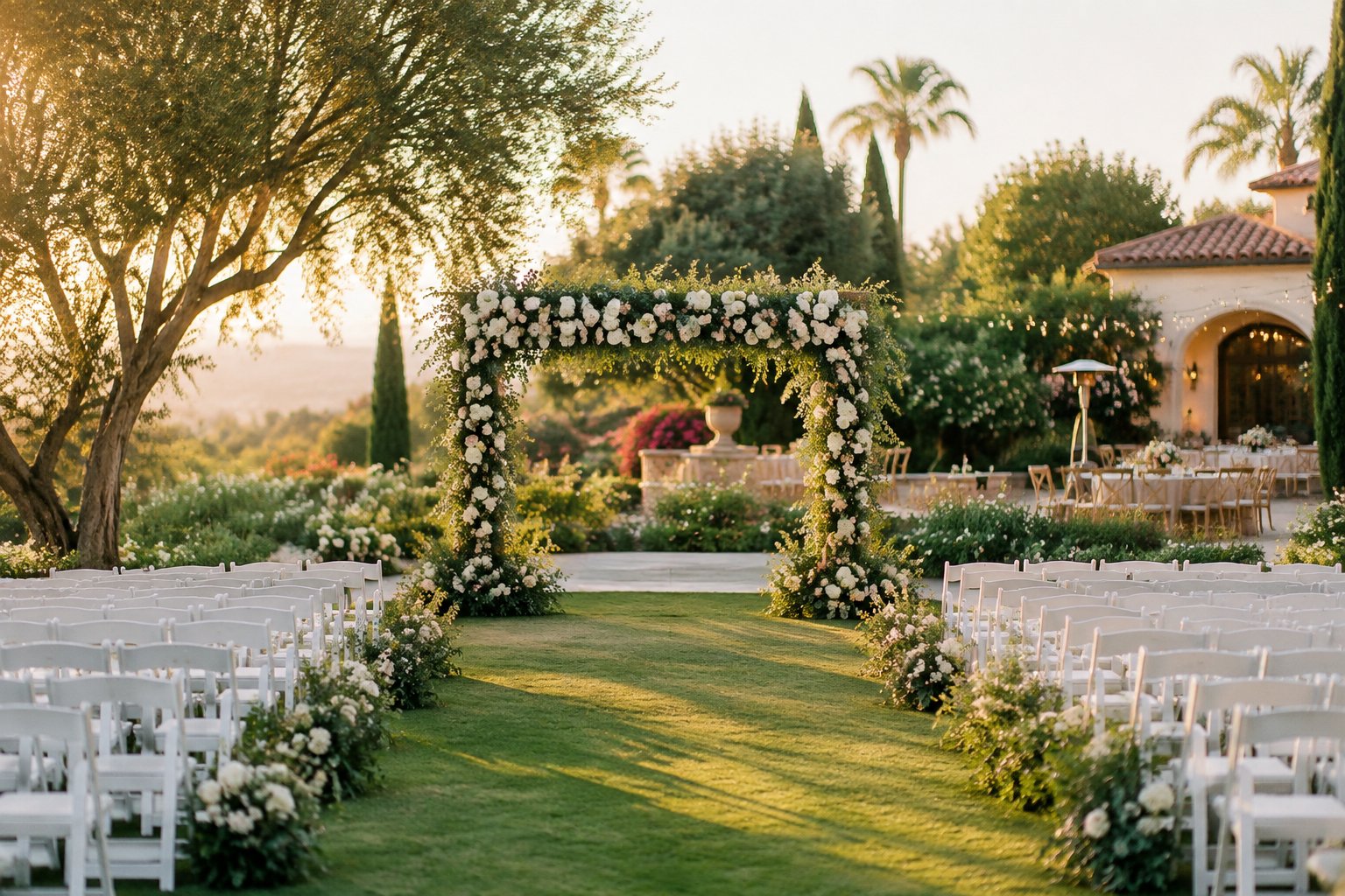An elegant outdoor wedding ceremony set in a lush garden with floral decorations and rows of white chairs.
