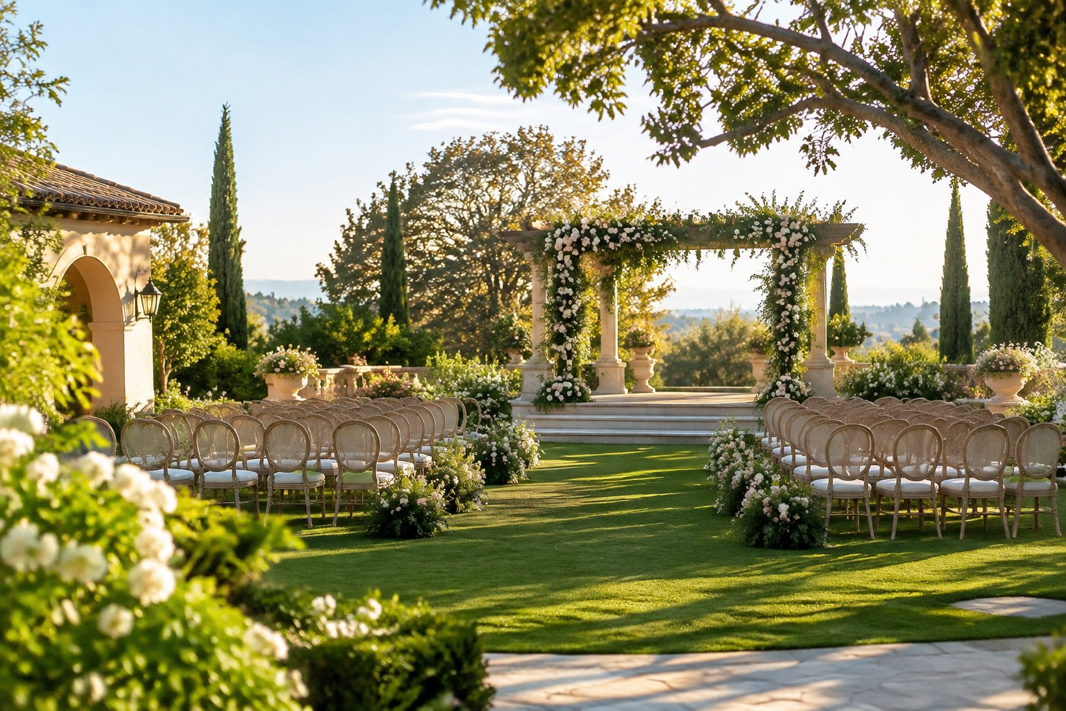 A decorated outdoor wedding ceremony set in a lush garden with flowers, trees, and arranged guest chairs.