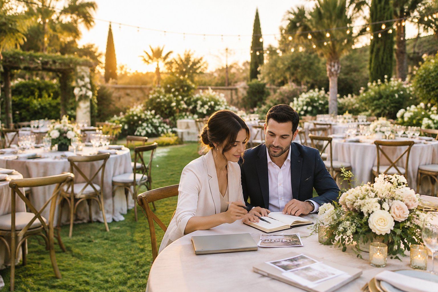 A couple reviews wedding budget materials at an elegant outdoor garden reception in Orange County.