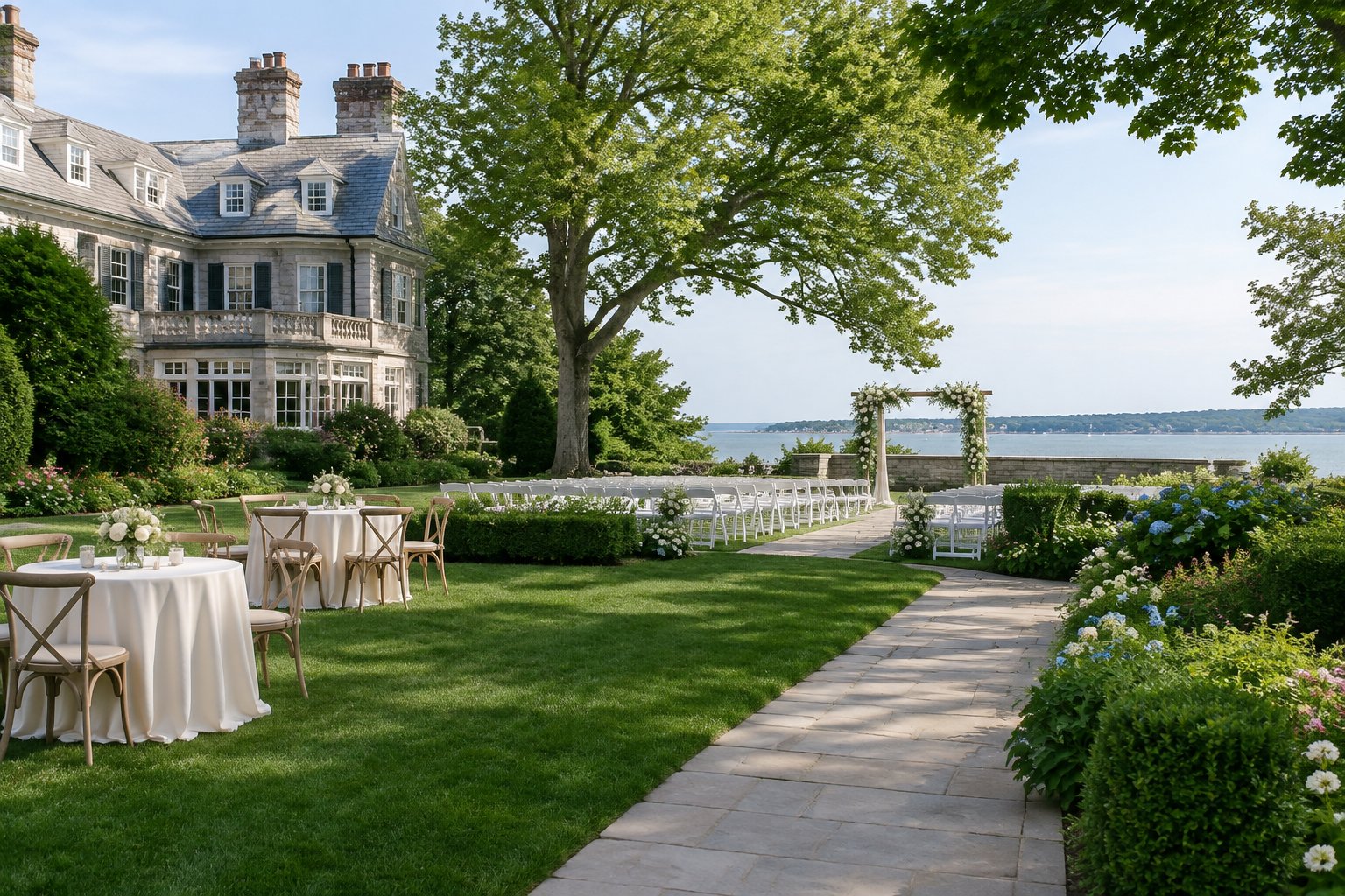 An elegant outdoor wedding ceremony setup in a landscaped garden beside a historic New England estate.