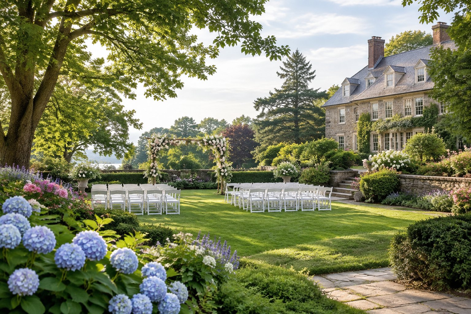 A landscaped garden wedding venue with flowering plants, white ceremony chairs, and a floral arbor beside a historic New England estate.