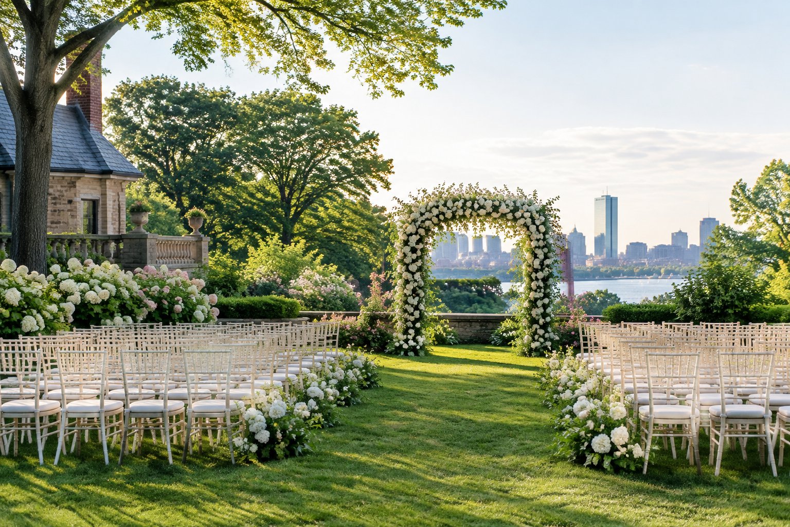 A decorated outdoor wedding ceremony setup in a lush garden.