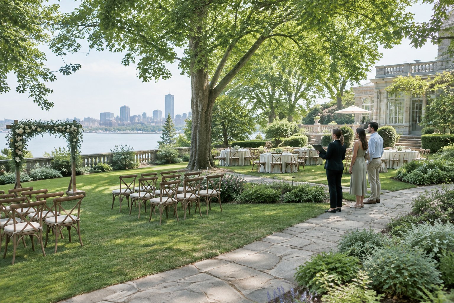 A couple and venue coordinator review a garden wedding space with chairs, pathways, lawns, and reception tables.