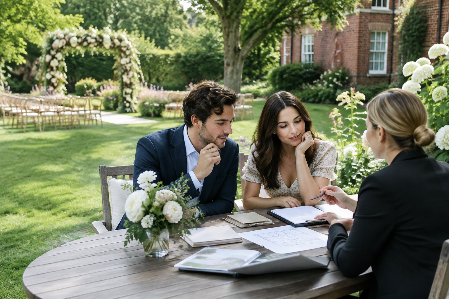 An engaged couple and a wedding planner discuss plans at a table in a blooming garden wedding venue.