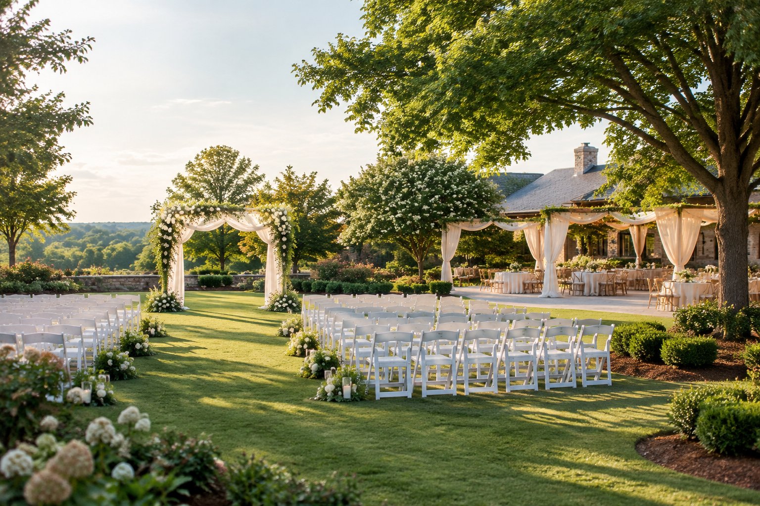 A landscaped garden wedding venue with a floral ceremony arch, white chairs, blooming flowers, and a reception area beneath trees.