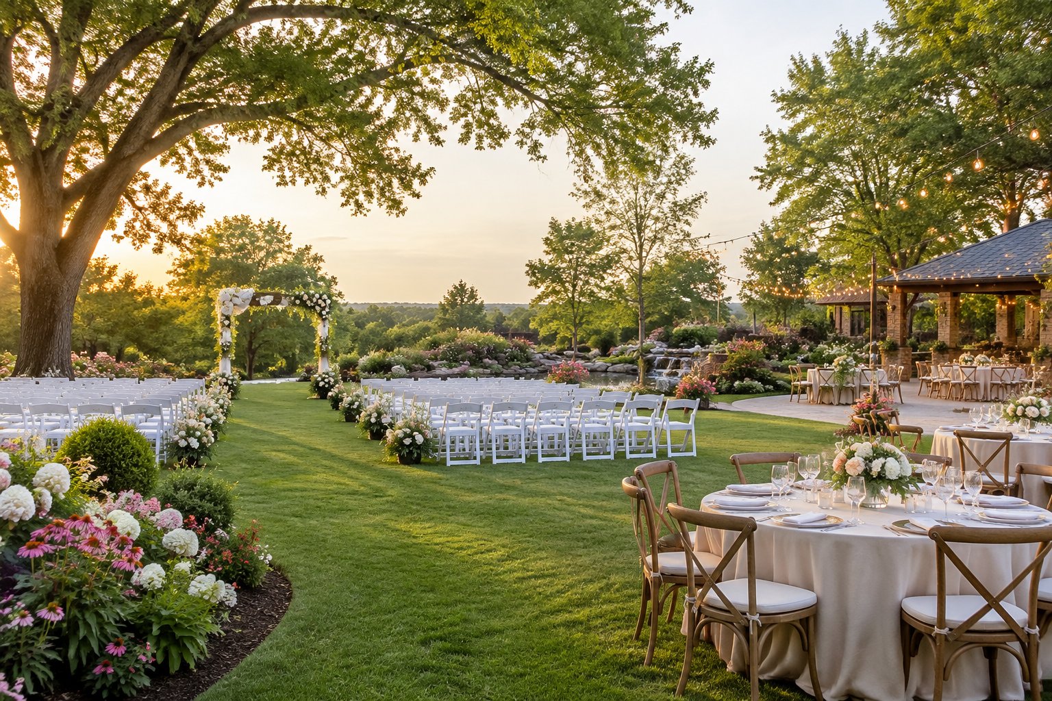 An elegant outdoor wedding ceremony and reception setup in a lush garden.