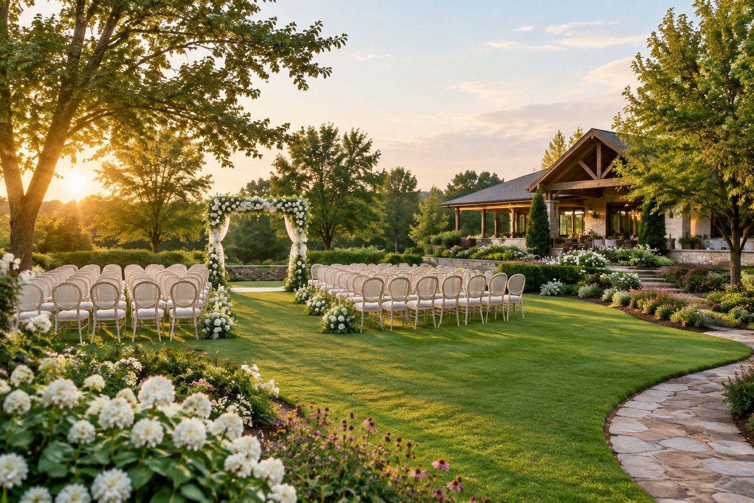 A landscaped garden wedding venue with a floral ceremony arch, white chairs, and a charming building surrounded by trees and flowers.
