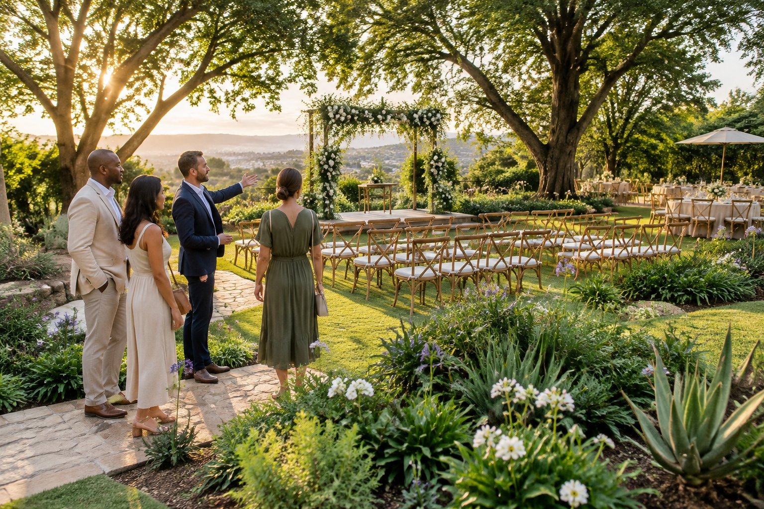 A couple and venue coordinator assess a landscaped garden wedding setting beneath mature trees.