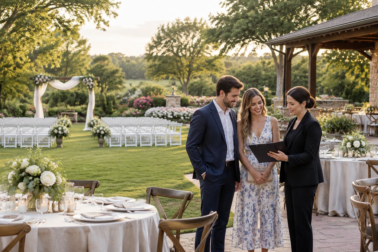 A couple and venue coordinator discuss plans at an elegant garden wedding venue in Edmond.