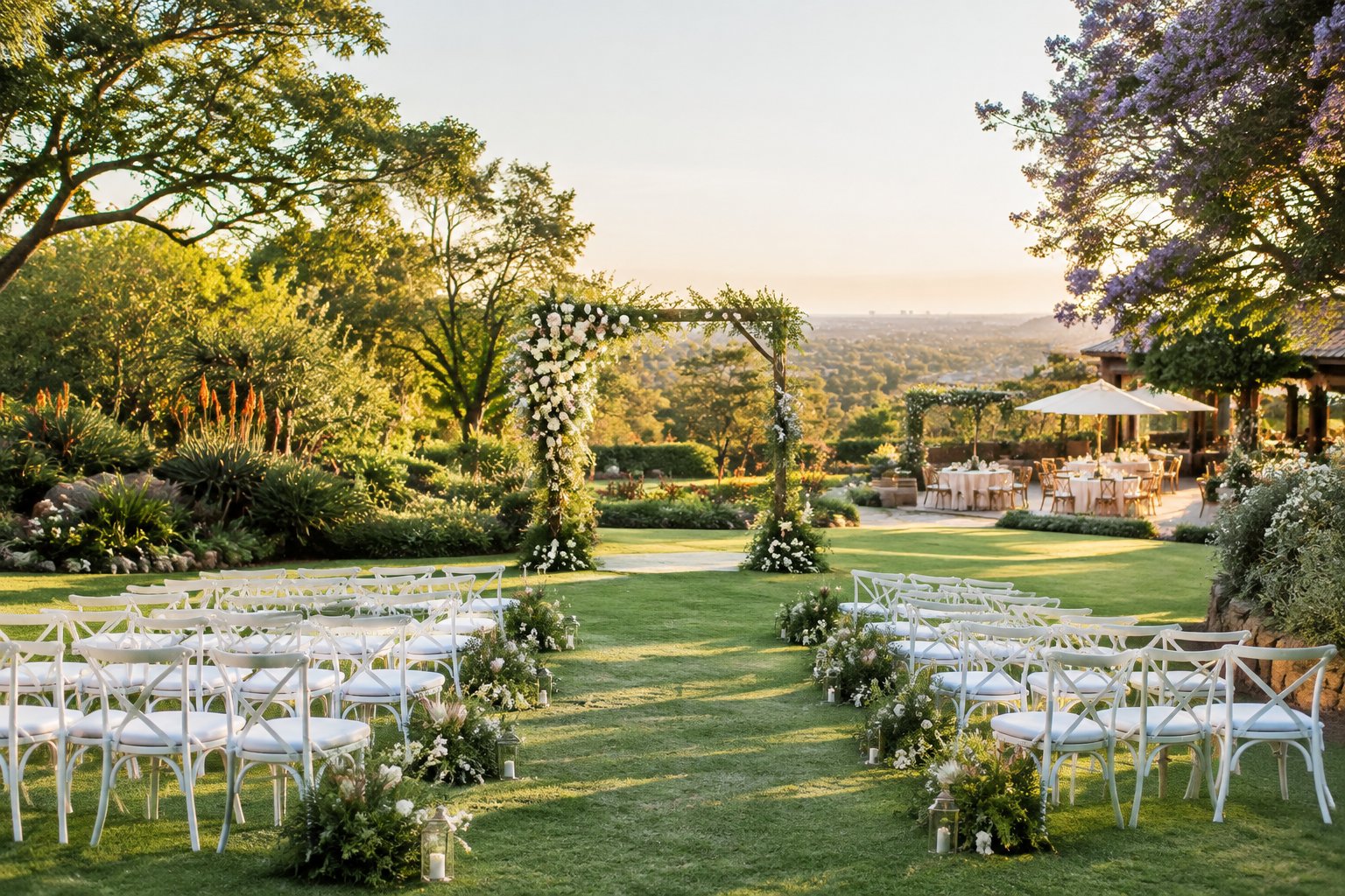 An elegant outdoor wedding ceremony set in a landscaped garden with a floral arch, white chairs, and trees.