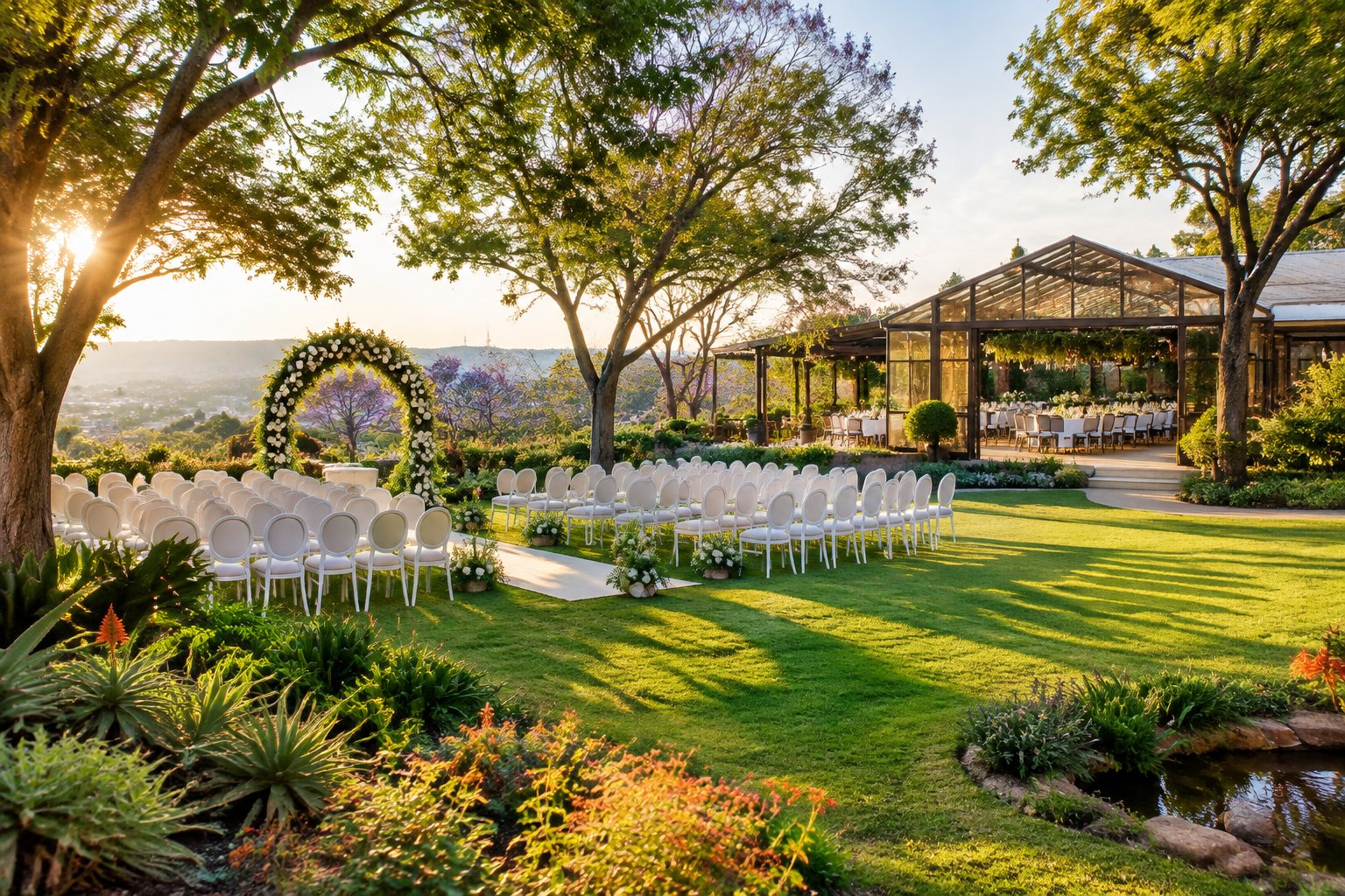 An elegant outdoor wedding ceremony setup in a lush Pretoria garden.