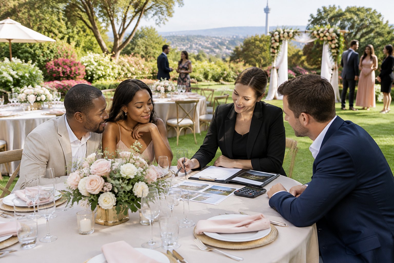 A couple and wedding coordinator review garden wedding package details at an outdoor reception venue.