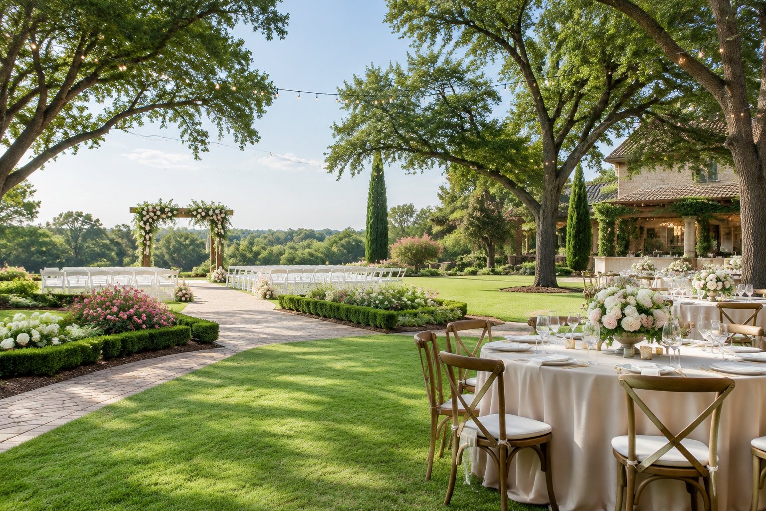 An elegant garden wedding venue with a flower-covered ceremony arbor, white chairs, lush landscaping, and decorated reception tables.
