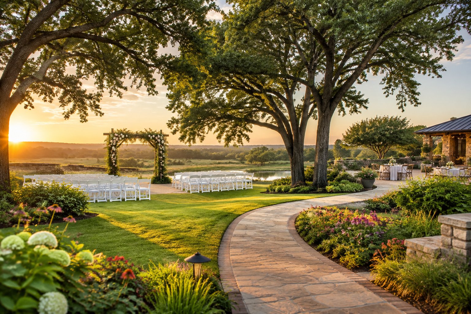 An elegant garden wedding venue with a floral ceremony arch, white chairs, manicured lawns, and mature trees in warm evening light.