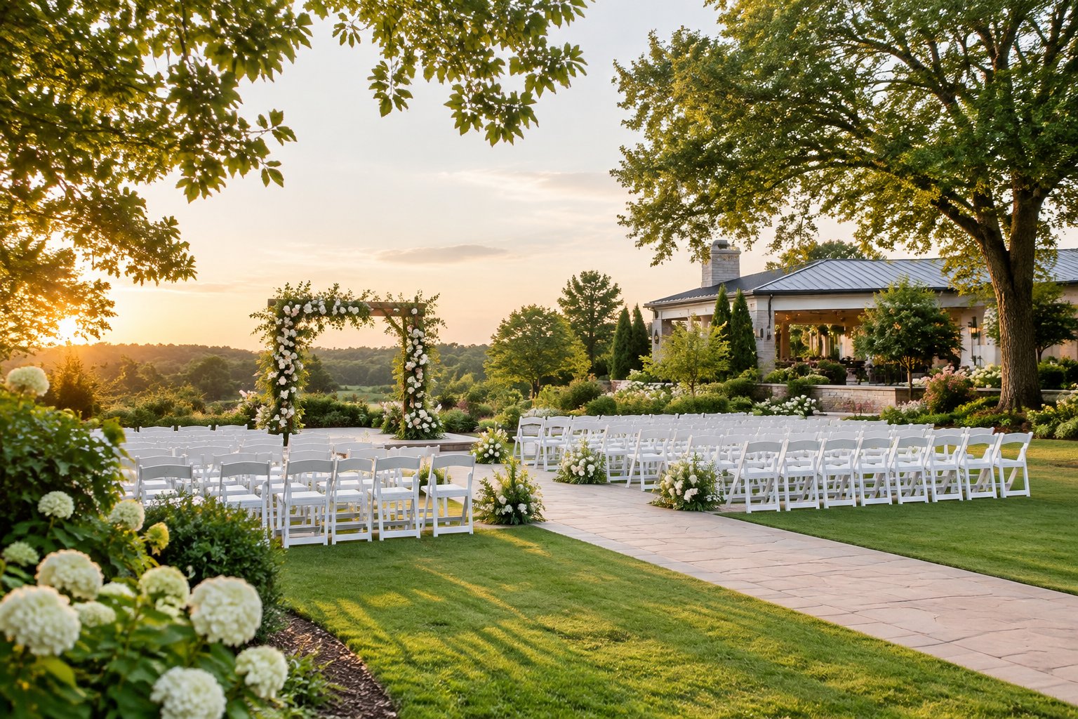 Elegant outdoor wedding ceremony set in a landscaped garden with floral decorations and white chairs.