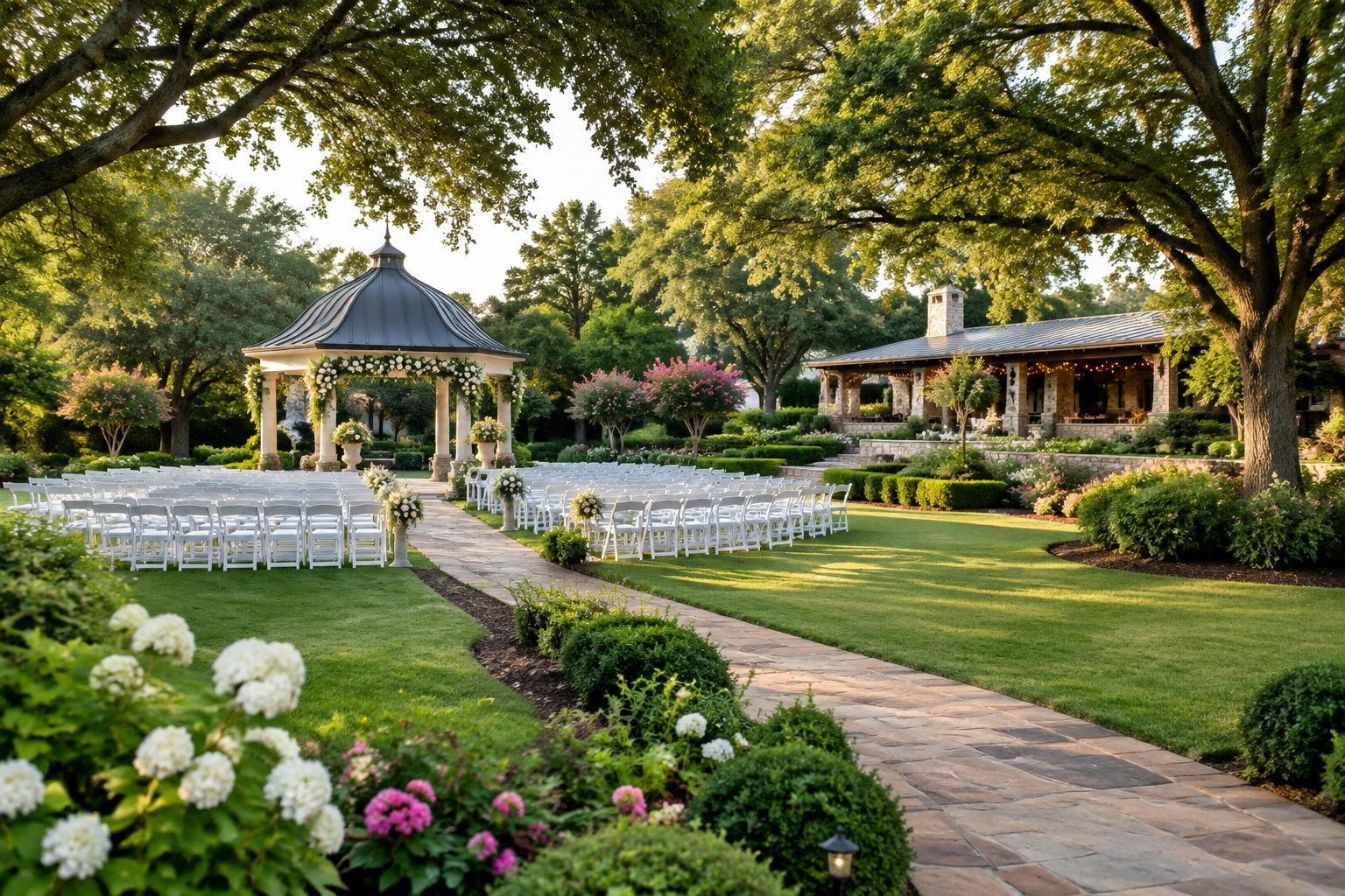Elegant garden wedding venue with flowers, trees, a ceremony arbor, and white chairs.