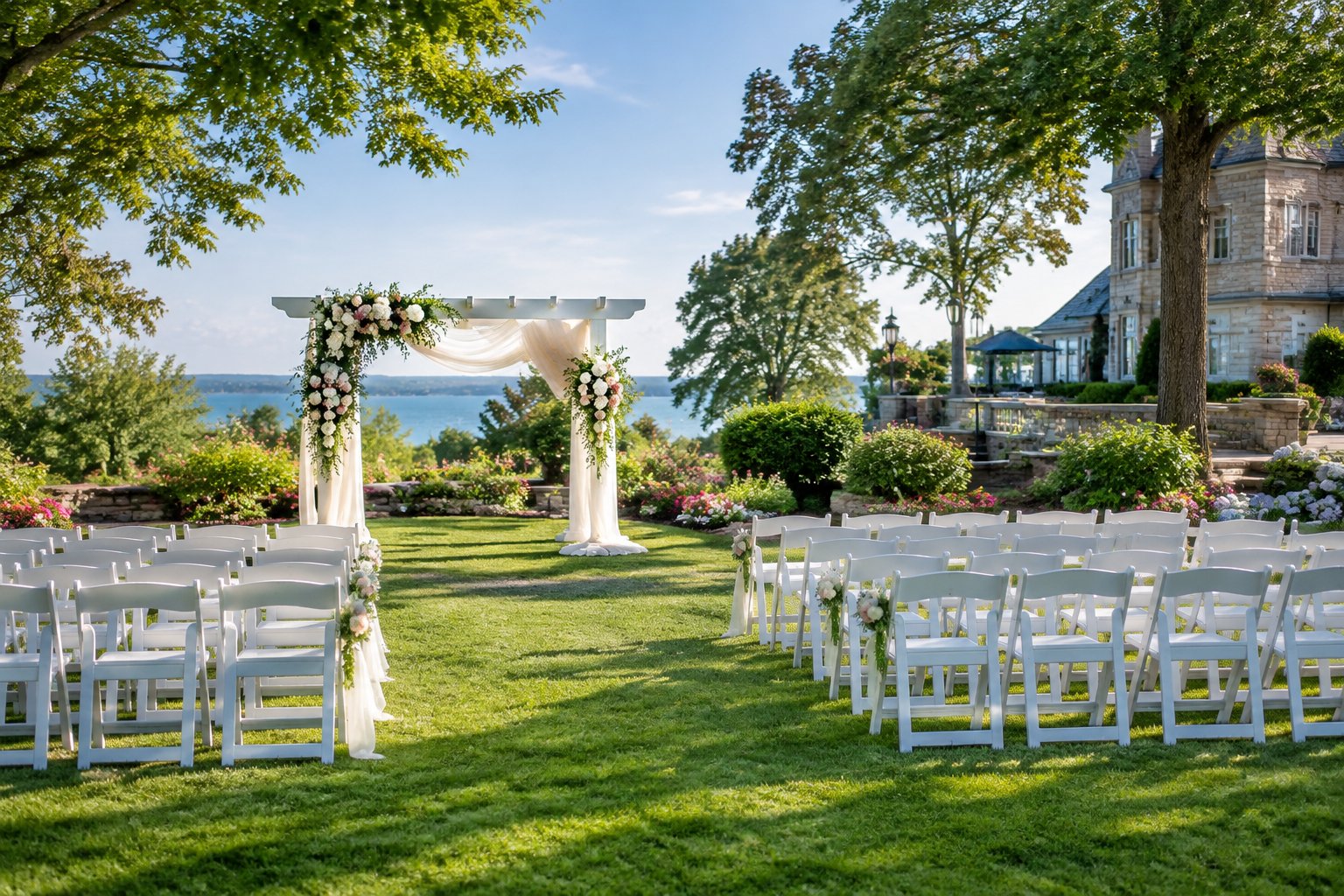 An elegant garden wedding ceremony area with a flower-decorated arbor, white chairs, manicured lawns, and blooming flower beds.