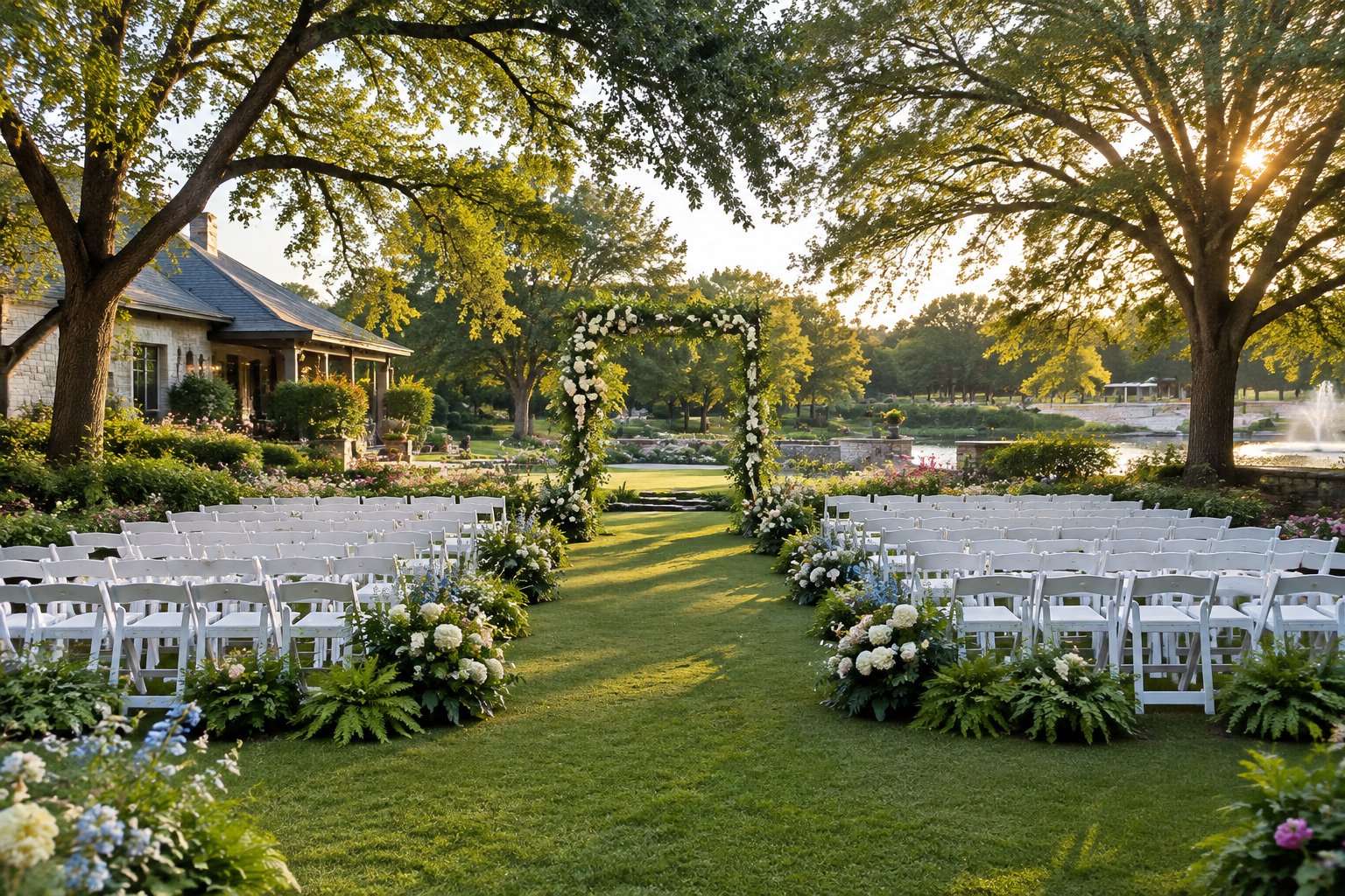Outdoor wedding ceremony setup in a lush garden with chairs, flowers, and a floral arch.