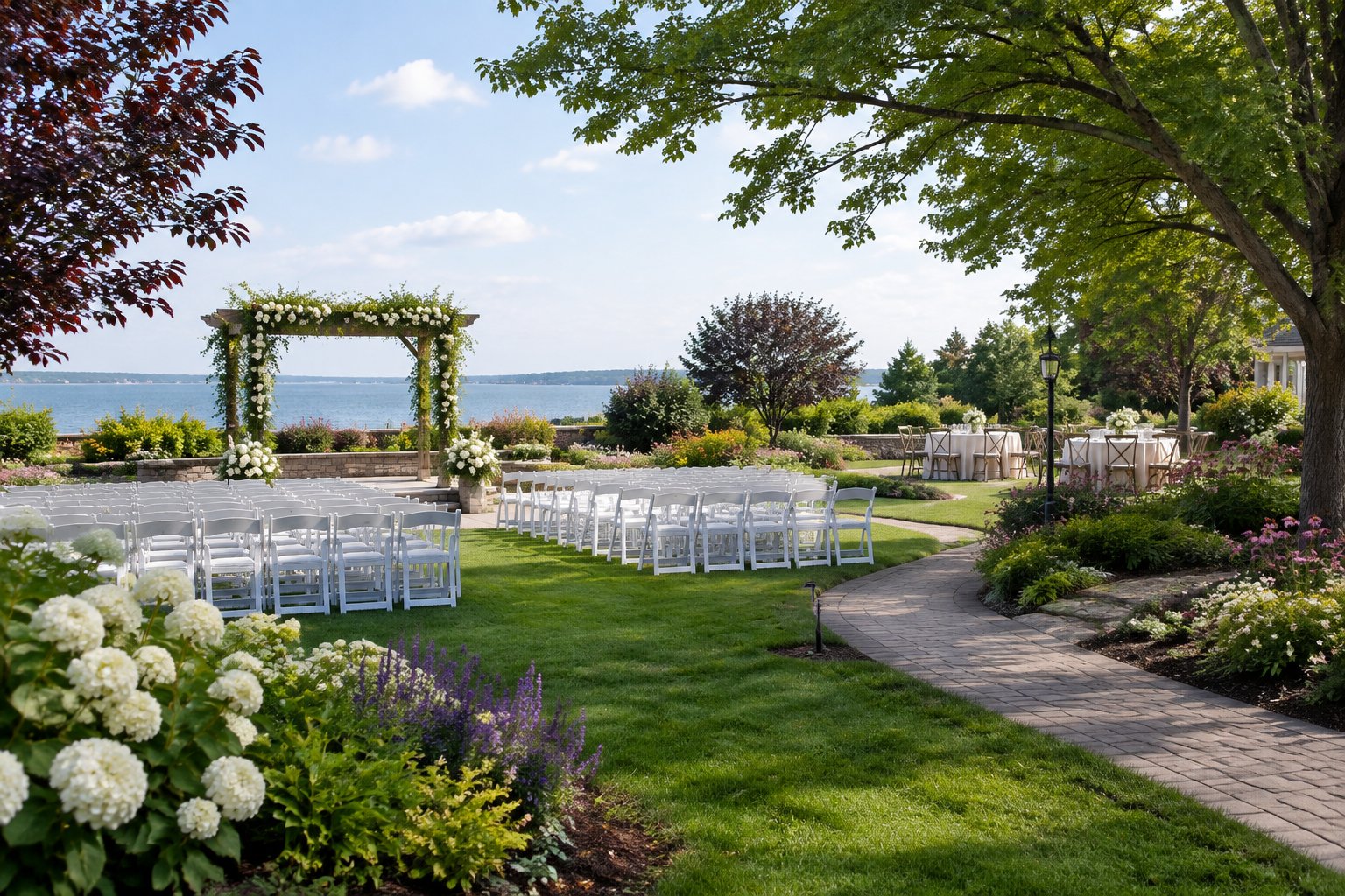 A landscaped garden wedding venue with a flower-covered ceremony arbor, white chairs, and reception tables surrounded by greenery.