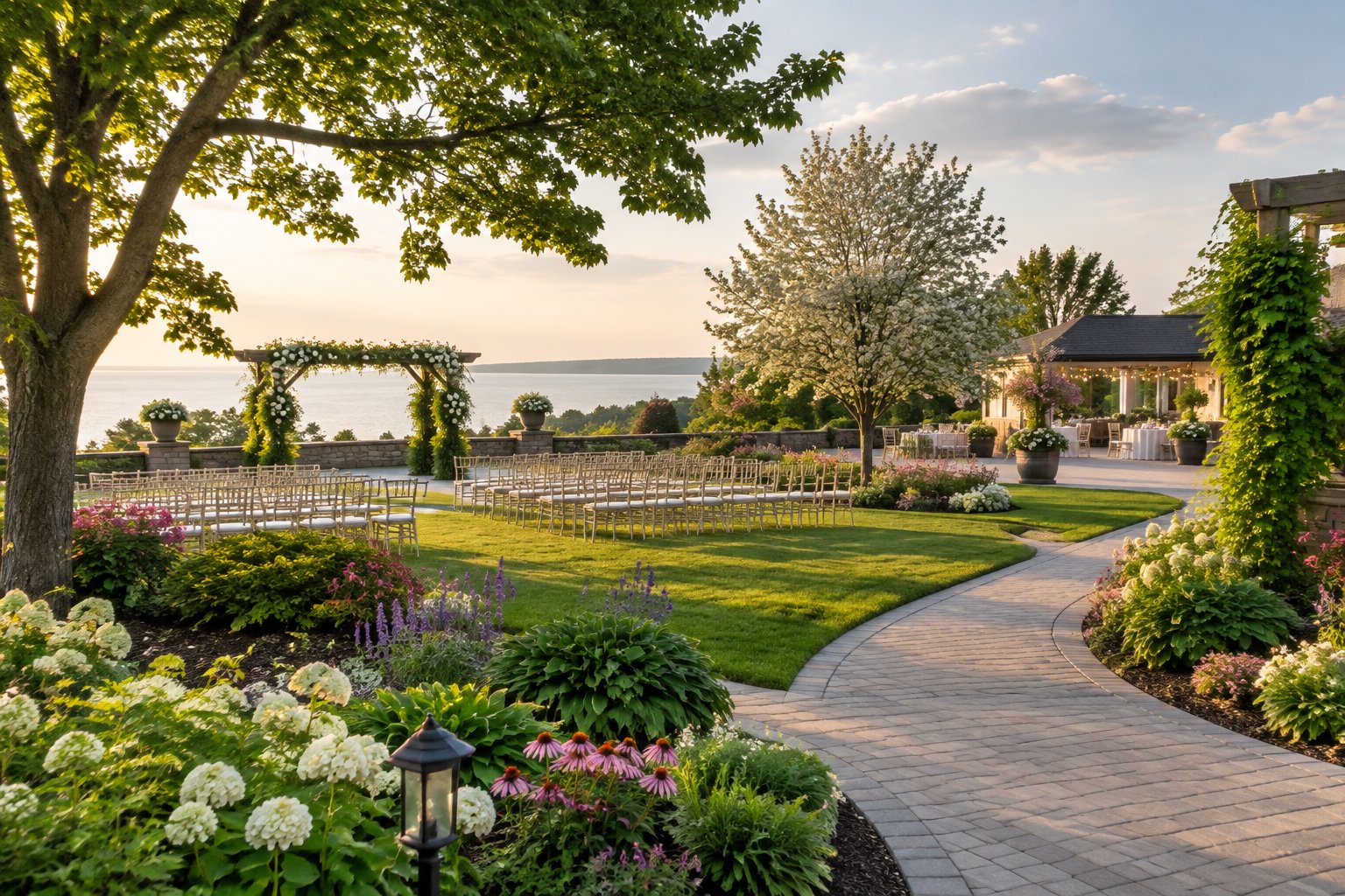 A landscaped garden wedding venue with flowering plants, a decorated arbor, and rows of guest chairs.