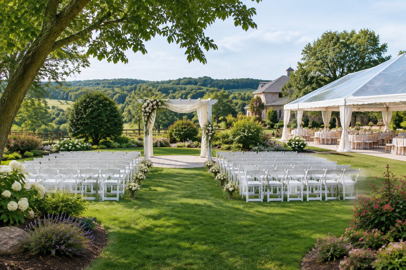 An elegant outdoor wedding ceremony setup in a landscaped garden with white chairs, a floral arbor, and a reception tent.