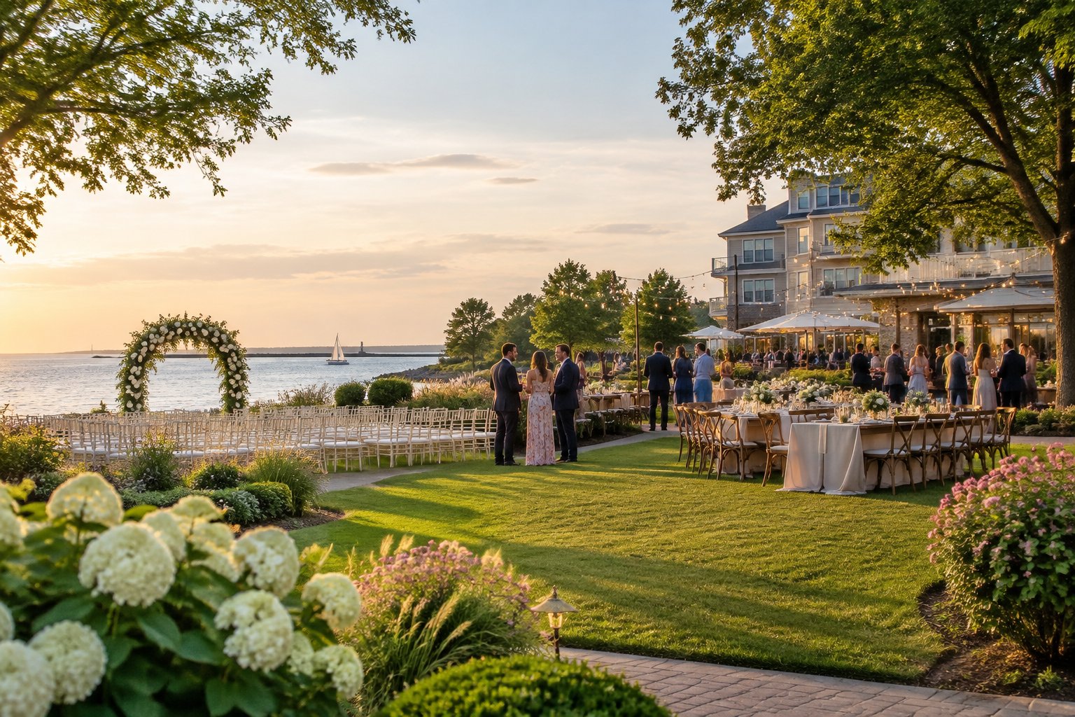 Outdoor wedding ceremony and reception in a landscaped garden beside a calm waterfront and hotel.