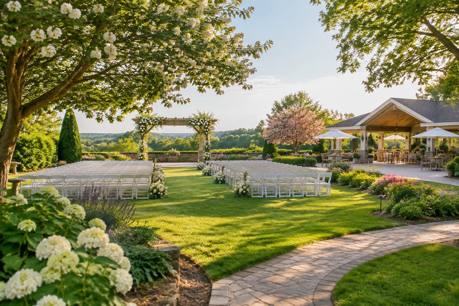 A landscaped garden wedding venue with a floral arbor, white ceremony chairs, flowering plants, and tree-lined pathways.