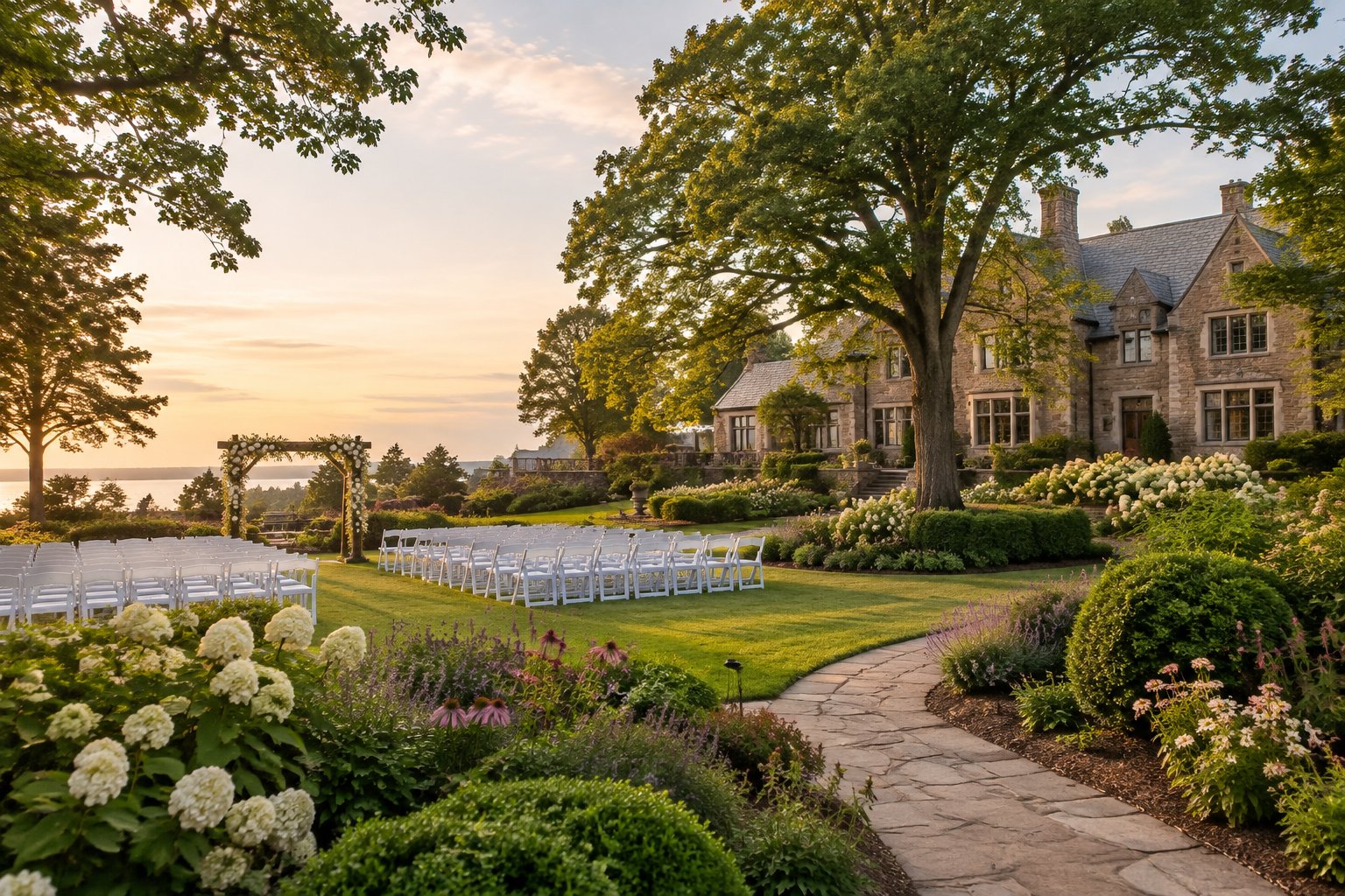 A manicured garden wedding ceremony area beside a historic estate with blooming flowers and mature trees.