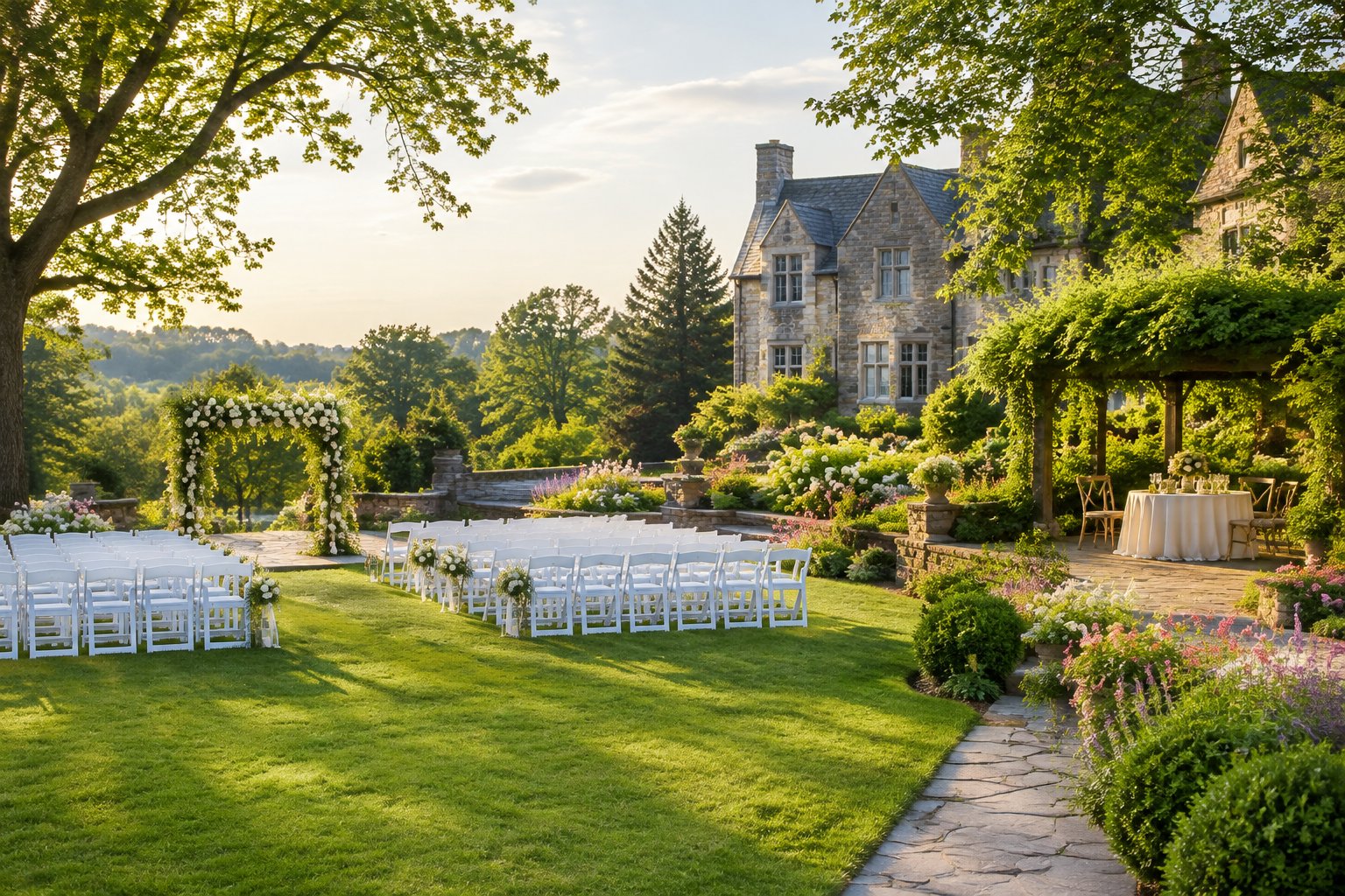 A landscaped garden wedding ceremony area beside a historic estate, with flowers, white chairs, and a decorated floral arch.