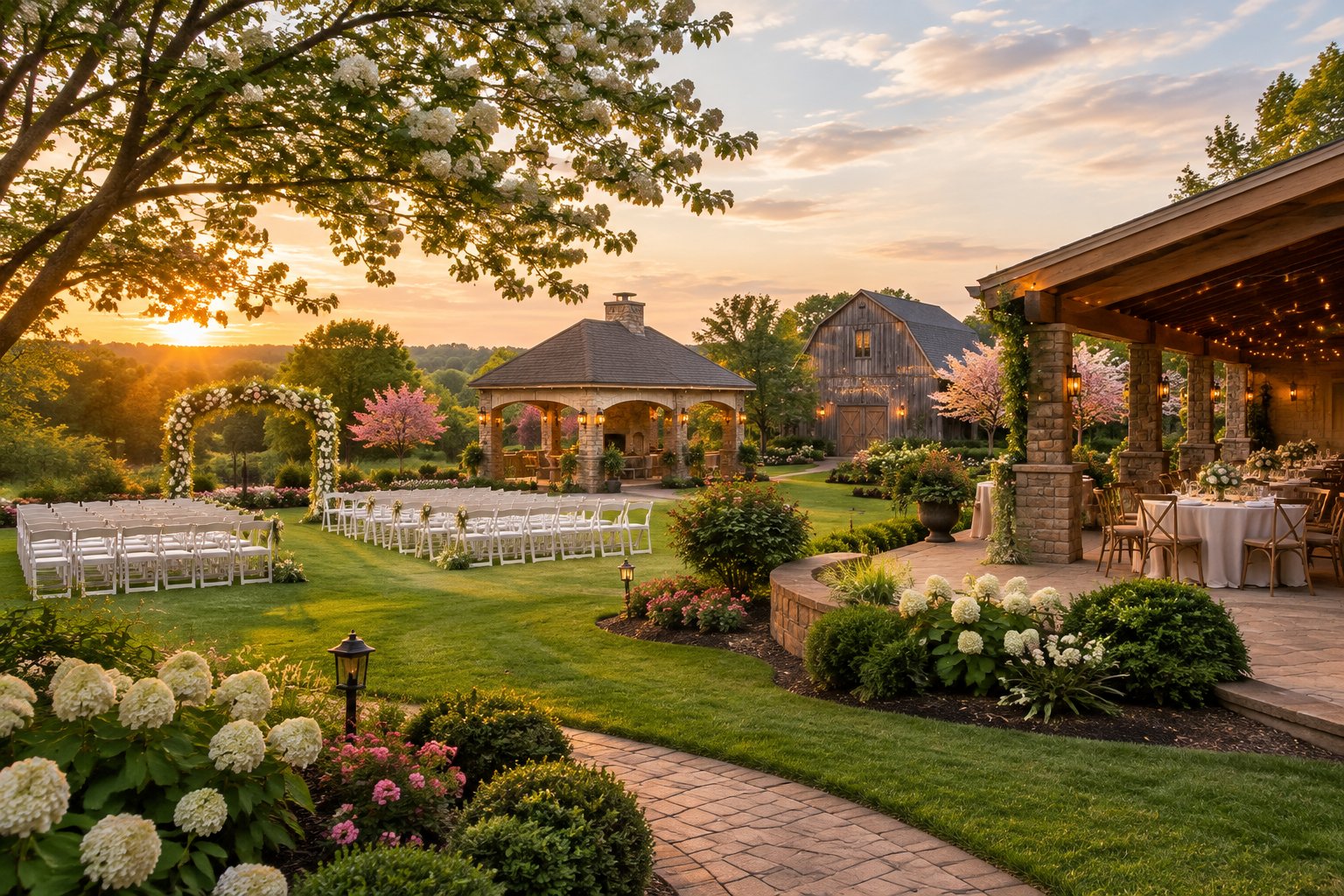 A landscaped garden wedding setting with ceremony chairs, reception tables, flowering trees, and elegant outdoor structures.