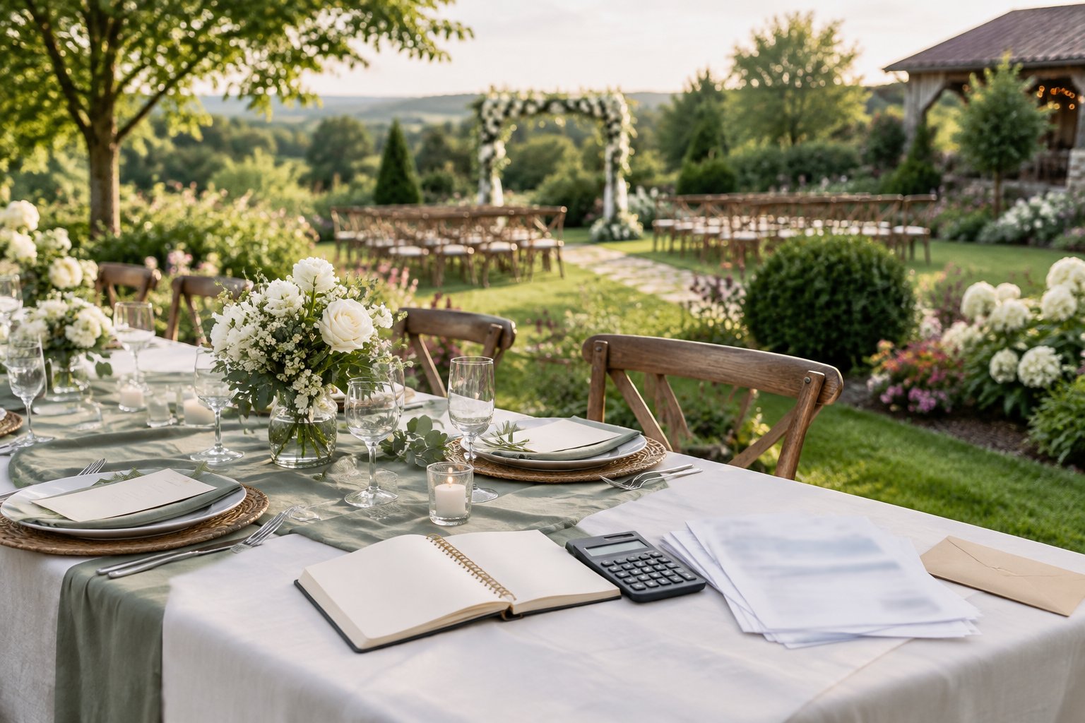An elegant garden wedding reception table with floral decor, a budget notebook, and a calculator overlooking a decorated outdoor ceremony area.