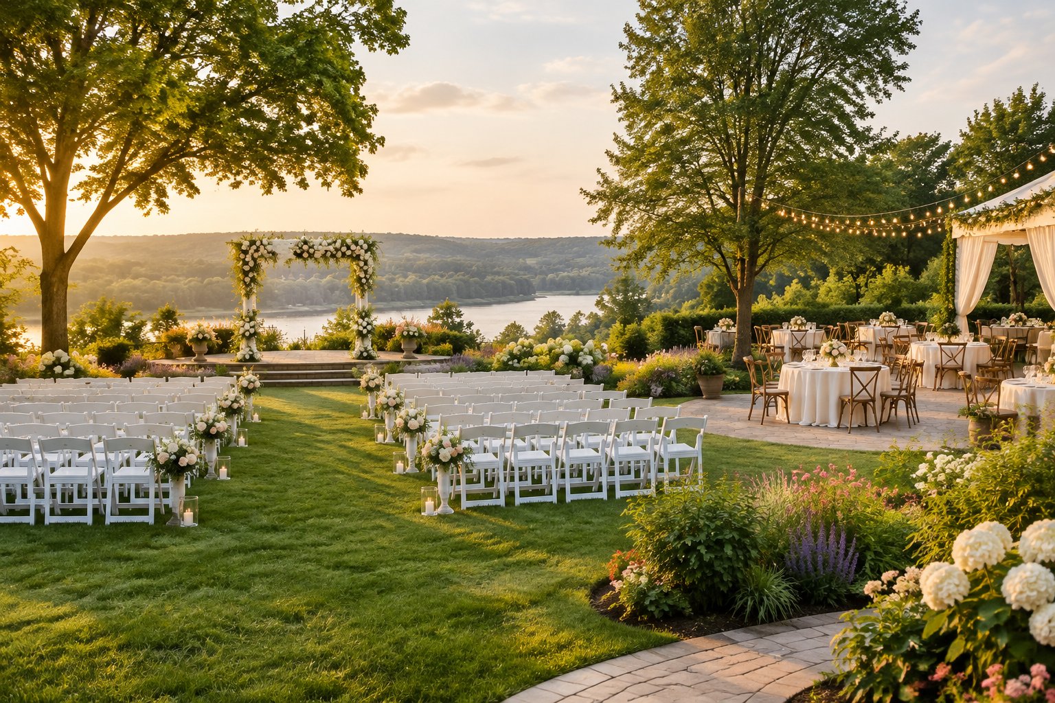 An elegant garden wedding venue with flower arrangements, white chairs, and a decorated ceremony arch.
