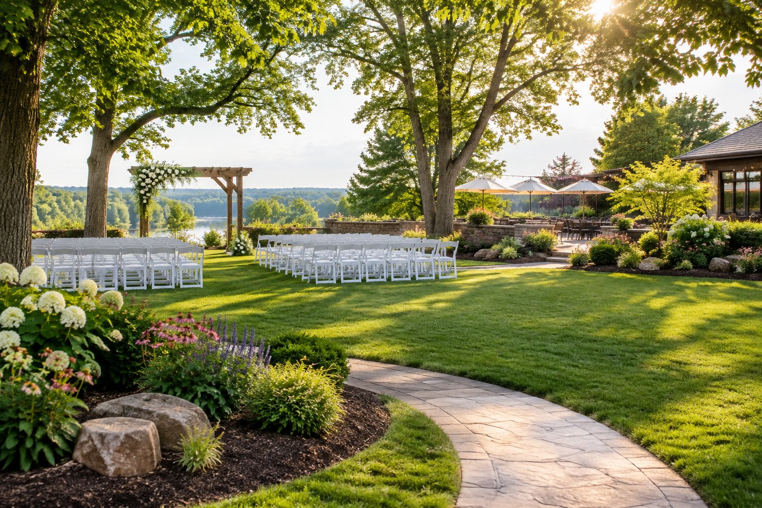 A landscaped garden wedding venue with flower beds, seating, an arbor, and a reception area.