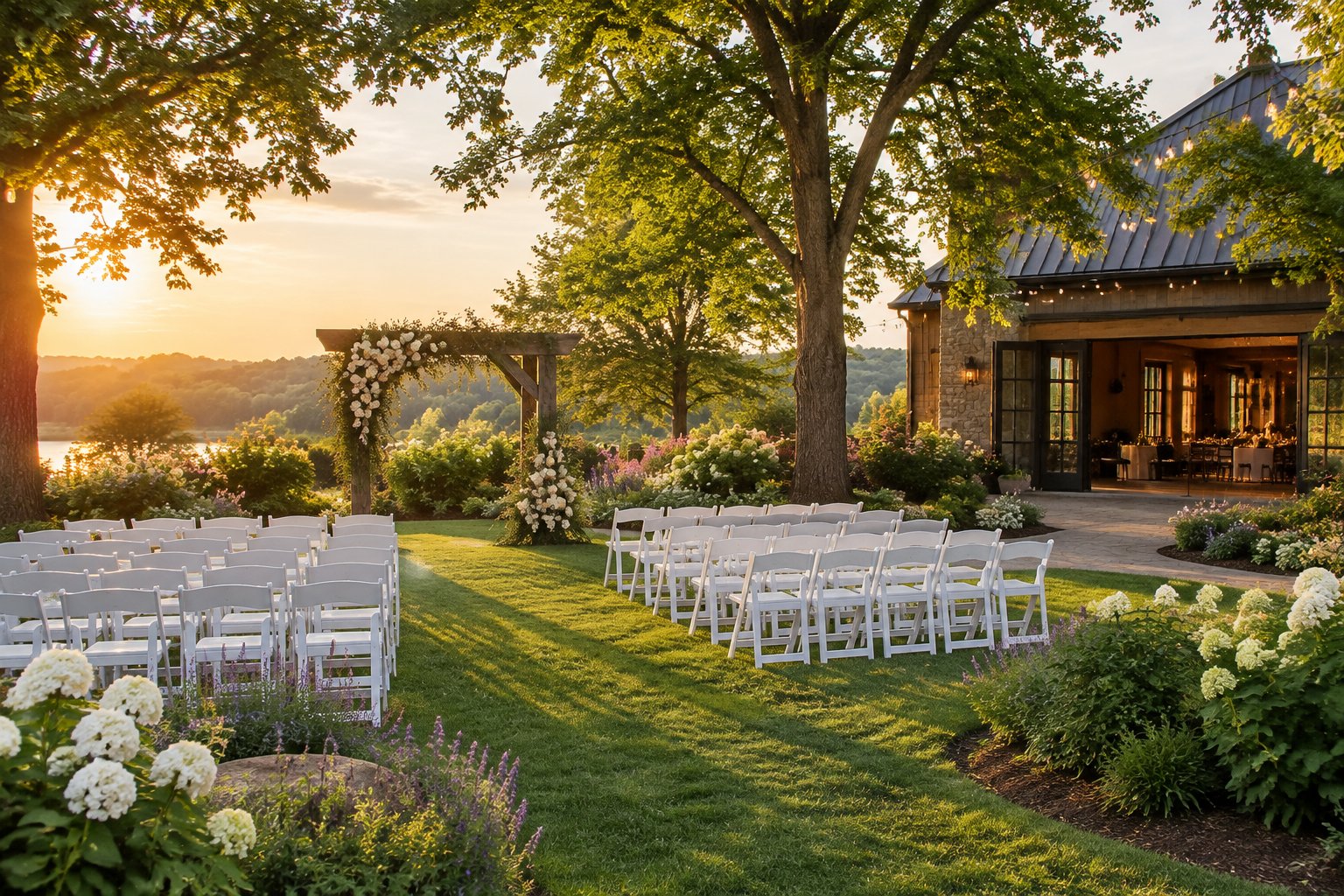 Elegant garden wedding ceremony setup beside an open indoor-outdoor venue.