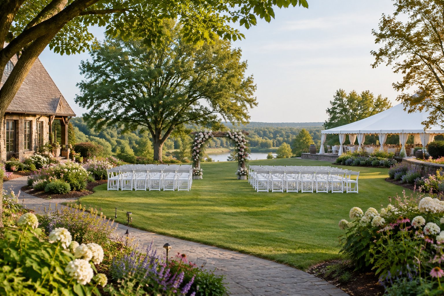A landscaped garden wedding venue with a floral arch, white chairs, lush lawns, and trees.