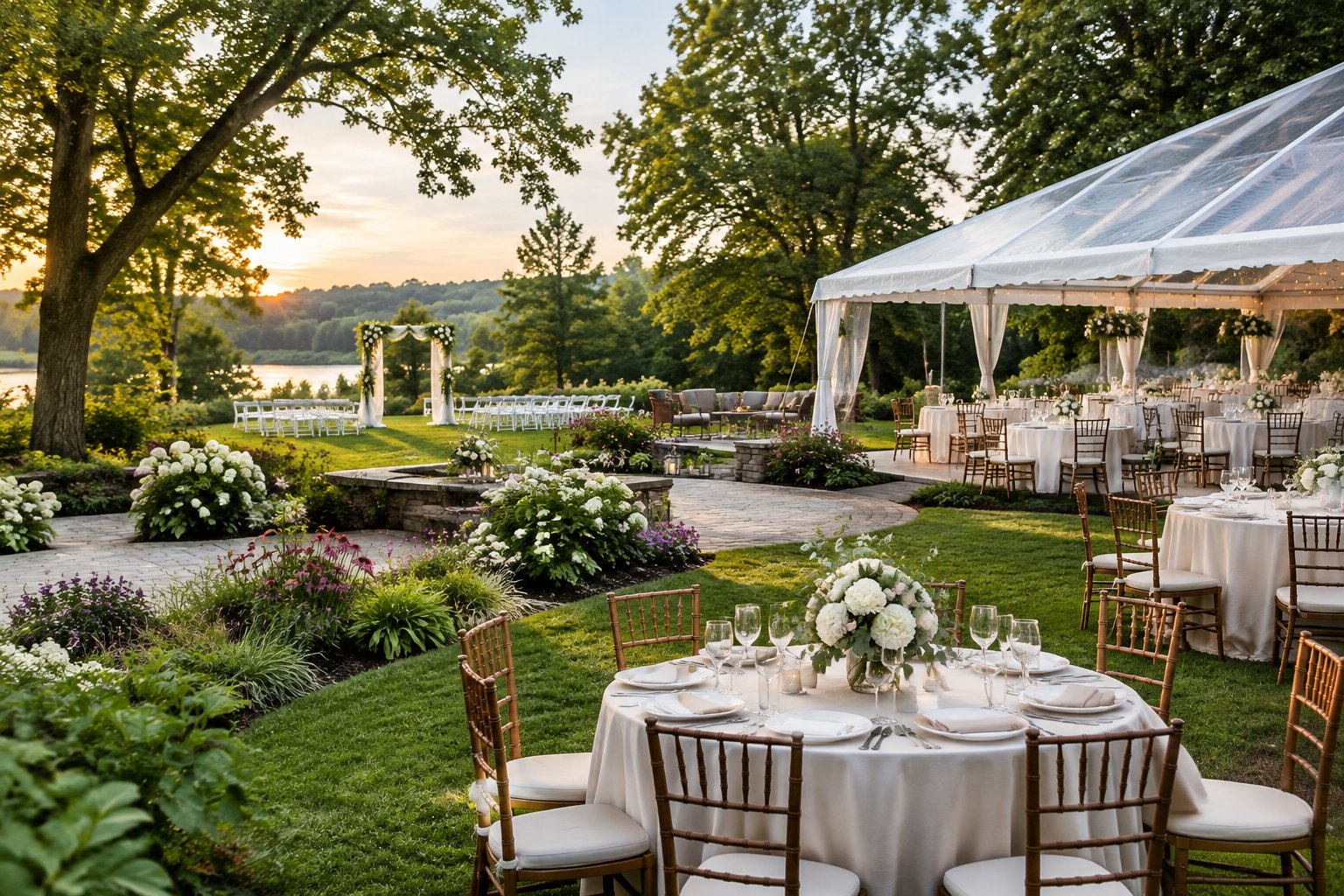 Elegant garden wedding venue with a reception tent, decorated tables, and a ceremony arbor surrounded by greenery.