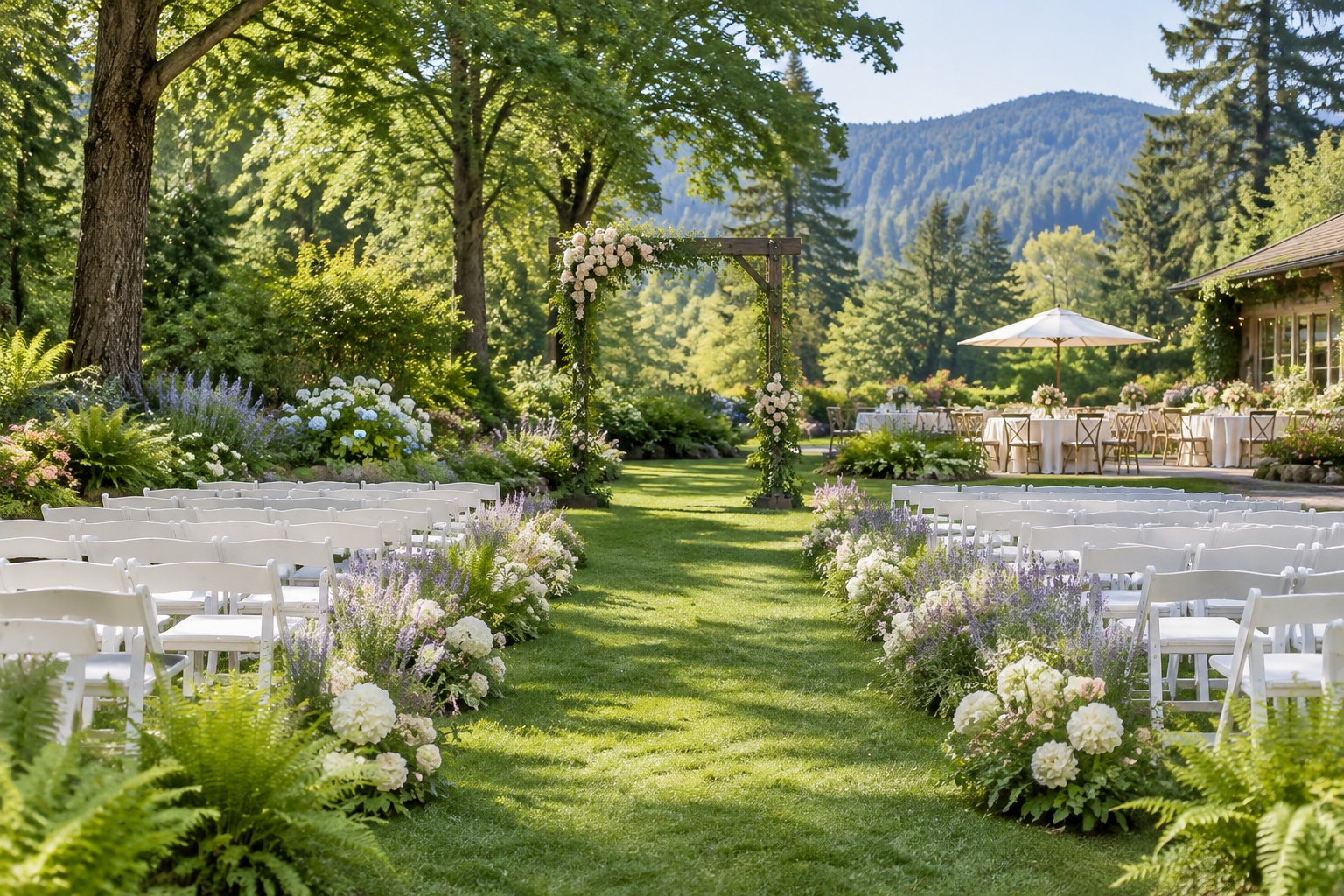 A lush garden wedding venue with flower-lined aisles, white chairs, and a floral arch surrounded by greenery.