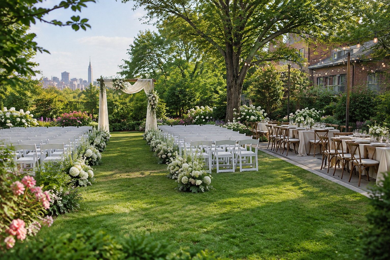 An elegant outdoor wedding ceremony and reception area in a lush garden with floral decorations and white chairs.