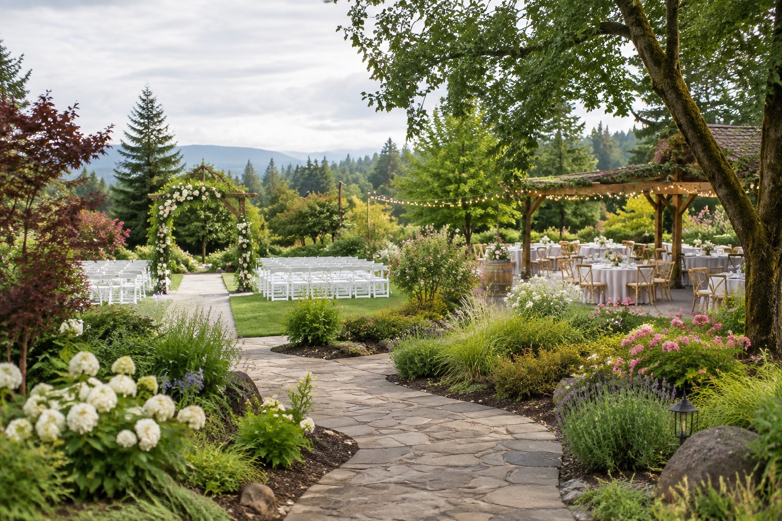 A landscaped garden wedding venue with flower beds, a ceremony arbor, white chairs, and reception tables beneath mature trees.