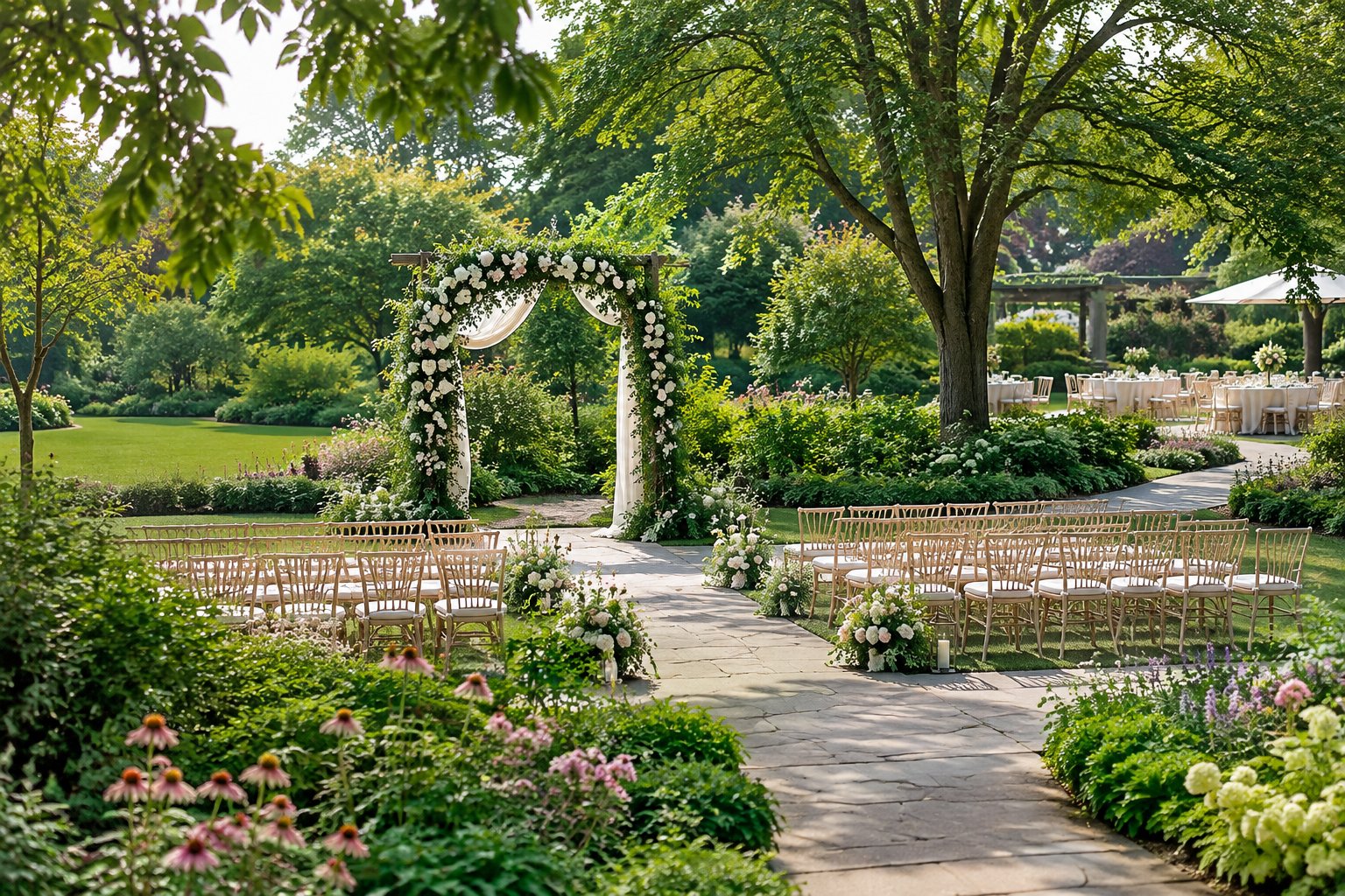 Outdoor wedding ceremony arranged in a lush botanical garden with floral decorations and rows of chairs.