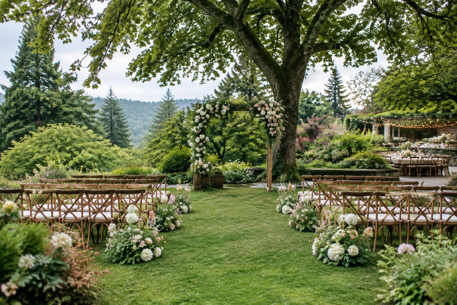 An outdoor wedding ceremony area in a lush garden with flowers, trees, and neatly arranged chairs.