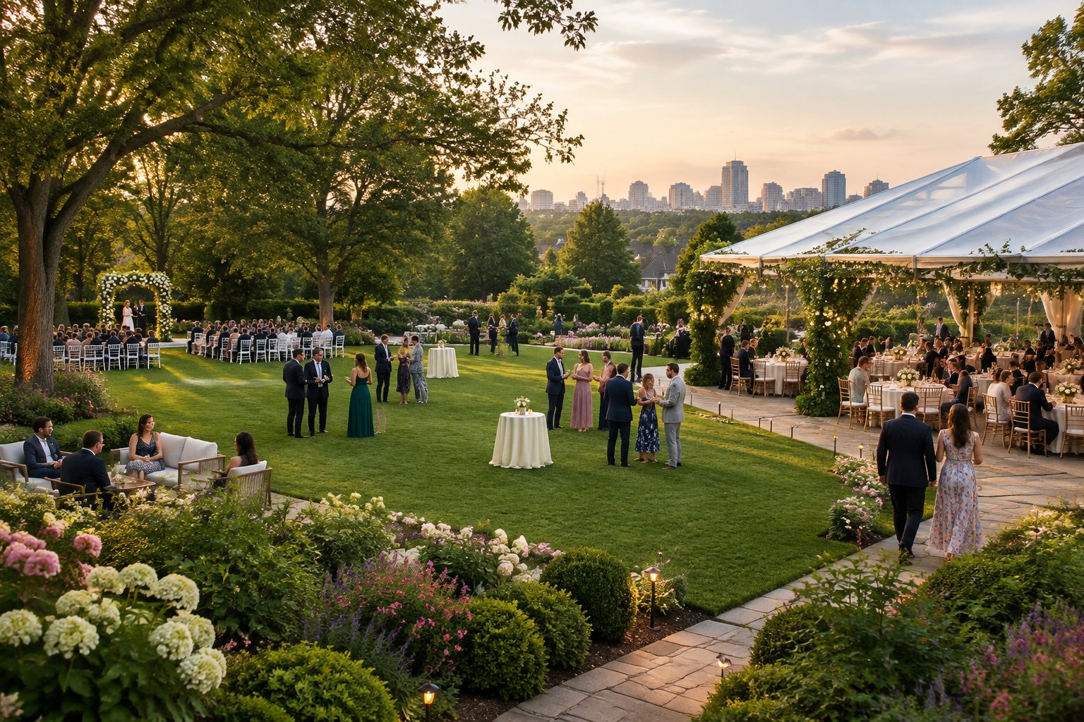 Guests gather in a landscaped garden wedding venue with ceremony, reception, and open lawn areas.